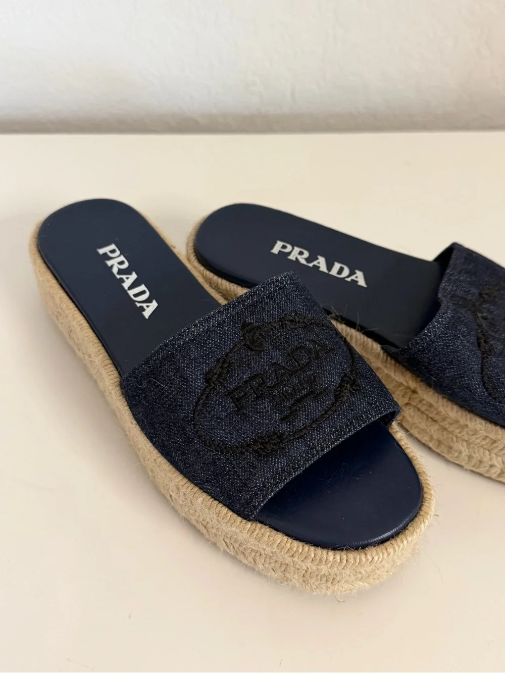 Prada | Navy Denim Espadrille Platform Slide Sandals